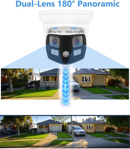 Real HD 8MP 4K Dual Lens Poe IP Security Camera 180 Degree Panoramic Wide Angle, Full Color Night Vision, H.265, IP66, NDAA Compliant