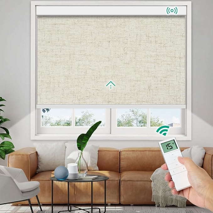 Motorized Roller Shades, 10O% Blackout Remote Control Custom Window Shades Compatible with Alexa Google Assistant via RF Hub, Rechargeable Electric Blinds for Windows (Texture Beige)
