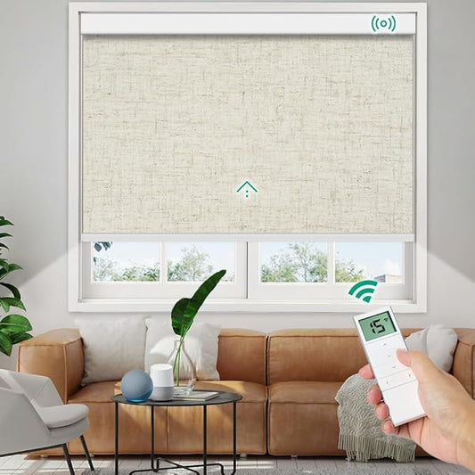 Motorized Roller Shades, 10O% Blackout Remote Control Custom Window Shades Compatible with Alexa Google Assistant via RF Hub, Rechargeable Electric Blinds for Windows (Texture Beige)