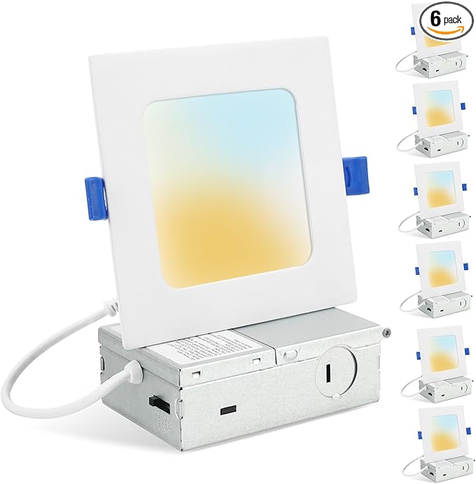 HONZIN 6 Pack 6 Inch Square Recessed Lighting, 5CCT Ultra Thin Square Recessed LED Downlight with Junction Box, 2700K/3000K/3500K/4000K/5000K Selectable, Dimmable,15W, Canless IC Rated, White Trim