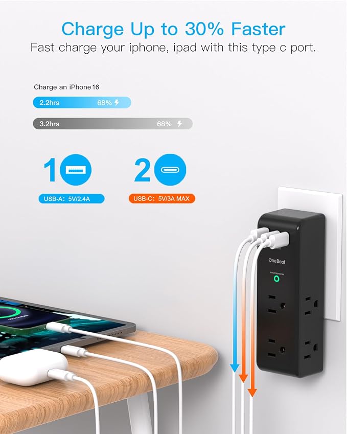 Surge Protector Outlet Extender, Multi Plug Wall Outlet,Rotating Plug,Black