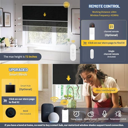 Motorized Smart Blinds With Remote, Grasscloth Fabric Roller Shades With Valance Cover, Cordless Automatic Blackout Electric Blinds for Windows, Black 33" W x 72" H