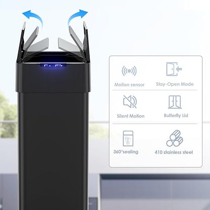 TLSUNNY 18.5 Gallon Automatic Trash Can, Stainless Steel Motion Sensor Garbage bin, Smart Trash Can W/Butterfly Lid, Bag Retainer Ring and Display Light for Living Room,Kitchen,Office (Black, 70L)
