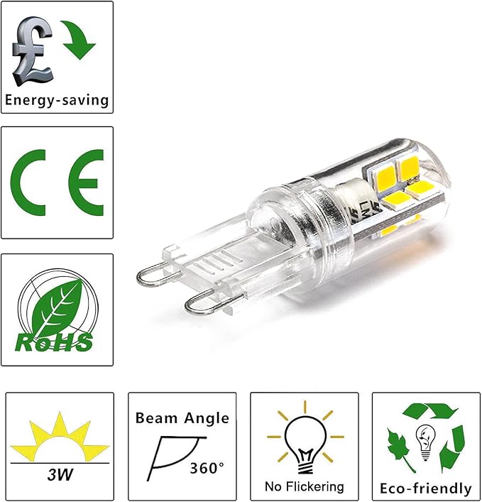 UCINNOVATE G9 LED Light Bulbs, 3W Daylight White, 25W Halogen Equivalent, No Flicker Energy Saving Bulb, AC 110V-120V, Non Dimmable, Ideal for Chandelier Home Lighting Lamp, 10 Pcs