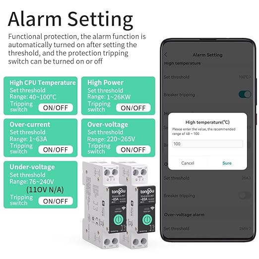 TONGOU Smart Home DIN Rail WiFi Switch, 1P+N 1‑63A, Over-Current Protection, Tuya/Smart Life Remote Control, Voice Control via Alexa &Google Assistant, Energy Monitor, Timer Functions, FCC Certified