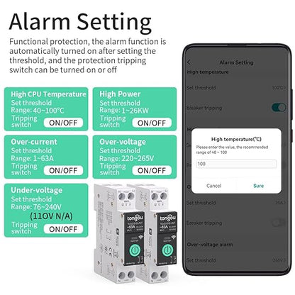 TONGOU Smart Home DIN Rail WiFi Switch, 1P+N 1‑63A, Over-Current Protection, Tuya/Smart Life Remote Control, Voice Control via Alexa &Google Assistant, Energy Monitor, Timer Functions, FCC Certified