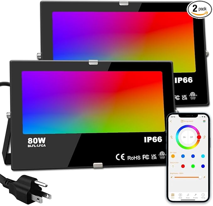 ILC LED Flood Light 80W, 8000LM, Outdoor RGB Color Changing, Smart Floodlights RGBW 2700K Warm White & 16 Million Colors, 20 Modes, Grouping, Timing, IP66 Waterproof (2 Pack)