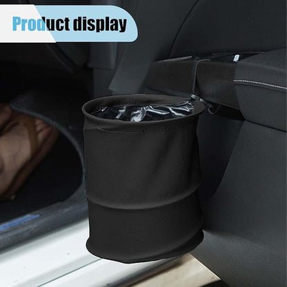 Collapsible Trash Can Car Garbage Bag - Leather Pop-up Car Trash Bin with Elastic Band - Hanging Foldable Garbage Can Vehicle Waste Basket Bin - Double-Layer Washable Bag for Cars Camping (Black)