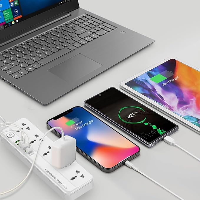 K KRIËGER Universal Power Strip Surge Protector, 5 Outlets, 6 USB Ports, Child Saftey Latch, On/Off Power Button, 2M Extension Cord, Flat Plug for Charging Home, Office & Travel Accessories -Type E/F