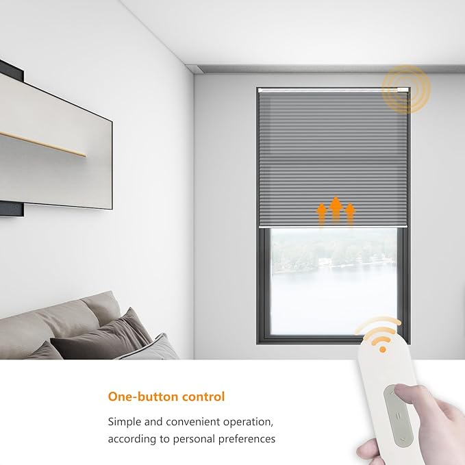 Motorized Cellular Shades Cordless Light Filtering Rechargeable Window Curtains with Remote for Privacy Protection Smart Home Electric Automatic Honeycomb Blinds for Windows, Grey 27"W x 48"H