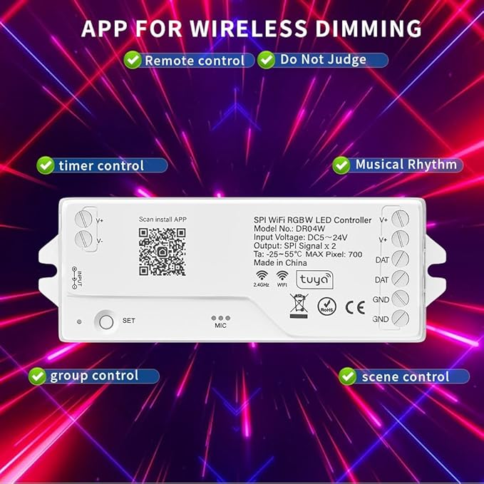 DR04W RGBW SPI SMD COB 3PIN Addressable LED Strip 2.4GHz Tuya WiFi Controller, Support Alexa Google Home Smartphone APP Control Compatible with WR01RF RC03RFB Remote(No for WS2812B WS2811)