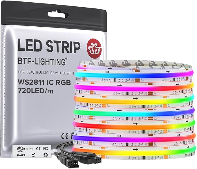 BTF-LIGHTING 24FT WS2811 Smart IC RGB DC24V FCOB COB LED Strip Light | UL Listed 720LEDs/m High Density Color Chasing Light 12mm Width for Home Party DIY Lighting(No Adapter or Controller)