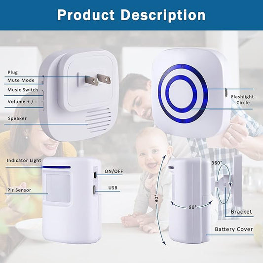 Motion Sensor Alarm - Seanme Wireless Driveway Alarm 100m Long Distance Signal Transmission, Home Security Alarm System Motion Sensor Doorbell with 38 Chime Tunes (1 reciver and 2 Sensor)