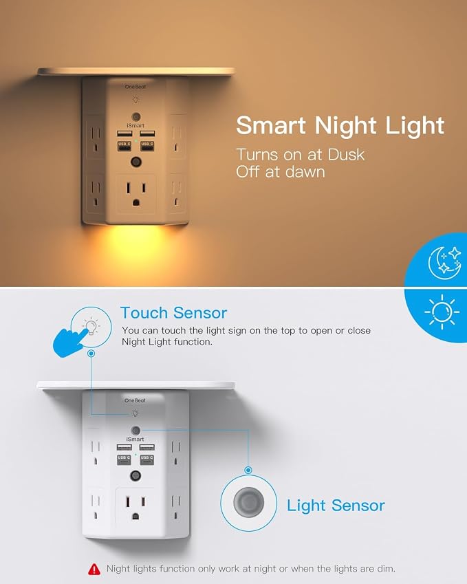 One Beat Surge Protector Wall Outlet Extender, 5 Outlets & 4 USB Ports (2 USB-C) with Night Light & Outlet Shelf, 1680J, 3-Sided Multi Plug Adapter, Wall Mount, ETL Listed for Home Office Travel