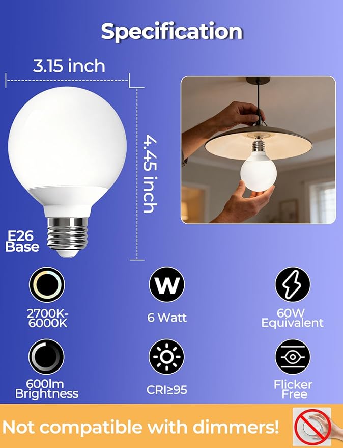 ILC G25 Globe Light Bulbs, App-Controlled LED Bulb with Bluetooth Mesh, 6W, 60W Equivatlent, 600LM, CCT: 2700K-6000K, CRI>95+, E26 Base, 120V for Vanity, Pendant fixtures, Bathroom (6 Pack)