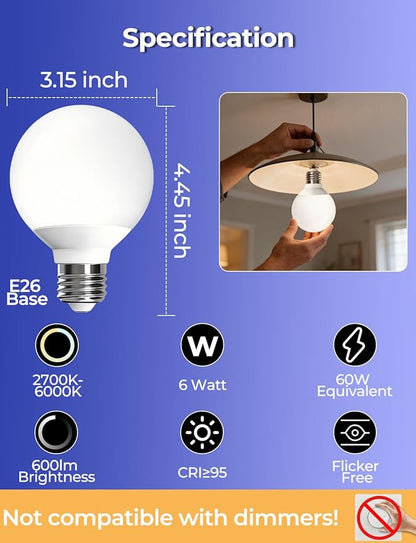 ILC G25 Globe Light Bulbs, App-Controlled LED Bulb with Bluetooth Mesh, 6W, 60W Equivatlent, 600LM, CCT: 2700K-6000K, CRI>95+, E26 Base, 120V for Vanity, Pendant fixtures, Bathroom (6 Pack)