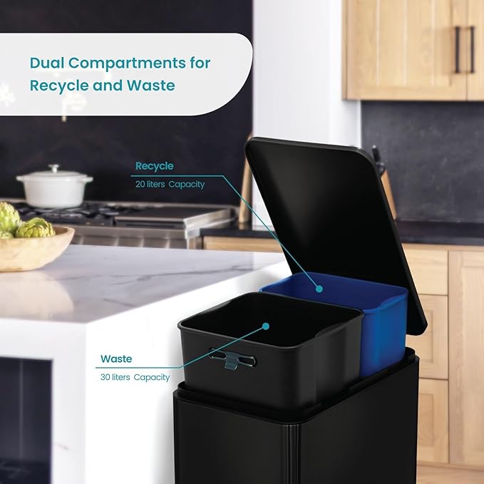 Home Zone Living 13 Gallon Slim Dual Compartment Kitchen Trash Can, Soft-Close Lid and Step Pedal, Stainless Steel, Matte Black