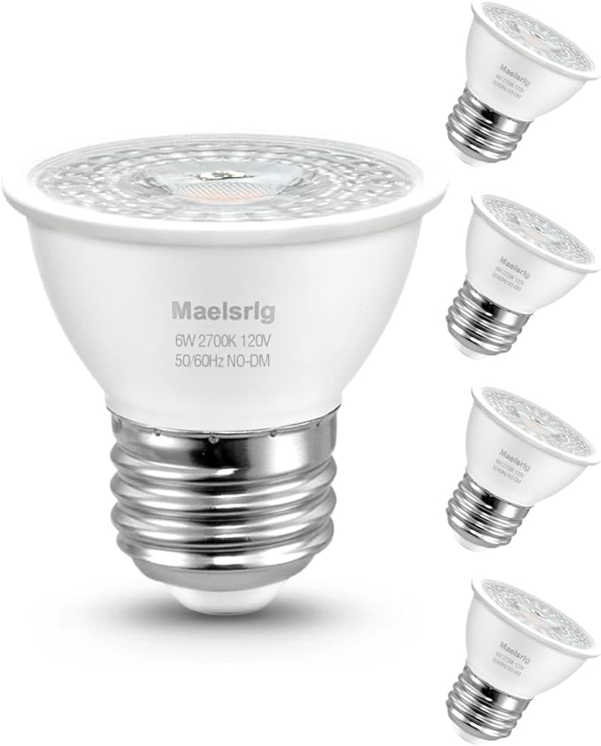 Maelsrlg PAR16 LED Short Neck Recessed Spotlight Bulb, 6W(60W Equivalent) Curio Cabinet Light Bulb, Flicker-Free, 600 Lumens, Soft White 2700K, E26 Medium Base, Non-Dimmable, 4-Pack