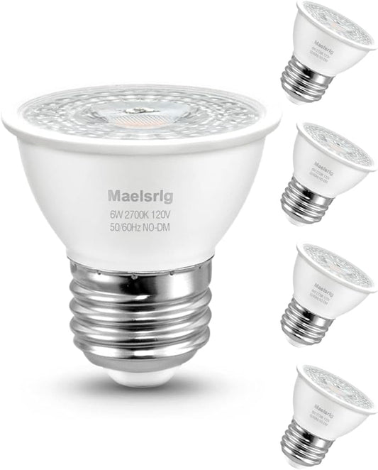 Maelsrlg PAR16 LED Short Neck Recessed Spotlight Bulb, 6W(60W Equivalent) Curio Cabinet Light Bulb, Flicker-Free, 600 Lumens, Soft White 2700K, E26 Medium Base, Non-Dimmable, 4-Pack