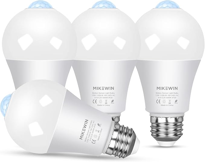 MikeWin Motion Sensor Light Bulbs Outdoor 4 Packs 13W(100W Equivalent) Security LED Bulb, Indoor E26, A19, 5000K Daylight Dusk to Dawn Bulb for Garage Front Door Porch Stairs Hallway