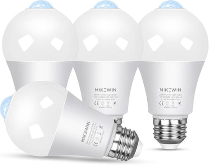 MikeWin Motion Sensor Light Bulbs Outdoor 4 Packs 13W(100W Equivalent) Security LED Bulb, Indoor E26, A19, 5000K Daylight Dusk to Dawn Bulb for Garage Front Door Porch Stairs Hallway