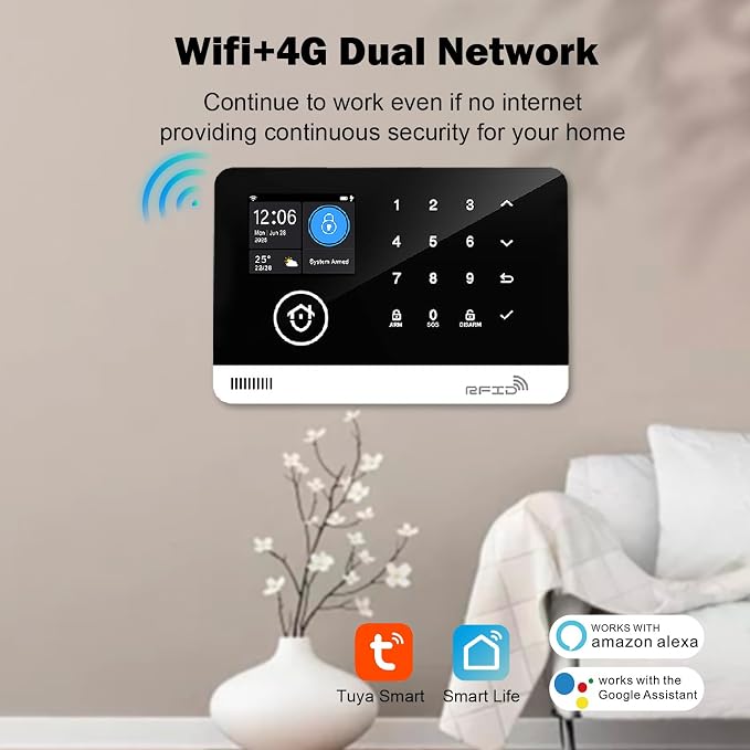 Home Security System, Alarm System for Home Security, WiFi/GSM SMS Alarm System with Motion Detector, 120dB Alarm Siren, Door/Window Burglar Alarm, Smart Remote Control, Alexa-Compatible (G03-2E)