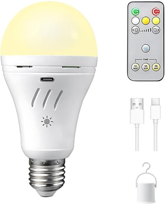 A19 Rechargeable Emergency Light Bulb with Remote, E26 USB Dual Charging, 3 Color Dimmable LED, Touch Hardwired Battery Powered Backup Bulb for Power Outage, Hurricane, Camping Outdoor