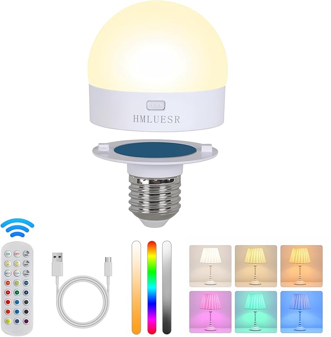 Rechargeable Light Bulbs with Remote Control, 3600mAh E26 Base Battery OperatedLED Bulb for Lamp Sconce, 300LM 15 RGB Lights Dimmable Timer Wireless Magnetic Led Light Bulb, 1 Pcs