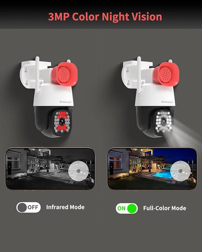 VSTARCAM 3MP Outdoor Security Camera with 130dB Loud Siren Alarm, 2K Color Night Vision WiFi Surveillance Camera, 360° PTZ Auto Tracking, Two-Way Audio, IP66 Waterproof, Cloud/SD Storage