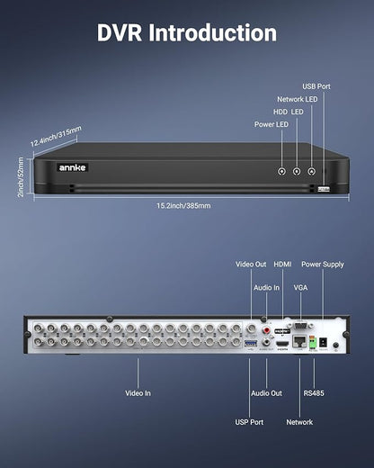 ANNKE 32CH H.265 Pro+ 3K Lite Digital Video Recorder with Human/Vehicle Detection, 5-in-1 Hybrid CCTV DVR for Home/Business Surveillance Camera System, 24/7 Recording, P2P Remote Access, No HDD