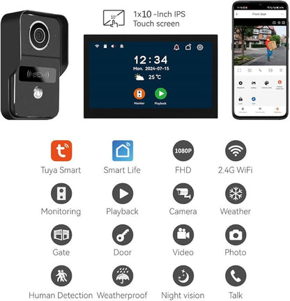 2pin-Wired 2MP HD Indoor 10" WiFi Monitor Smart Home Video Doorbell Intercom System, Remote APP Phone Unlock Video Record Motion Detect 2-Way Talk IR Camera Door Bell 1x doorbell + 2X 10in Monitor