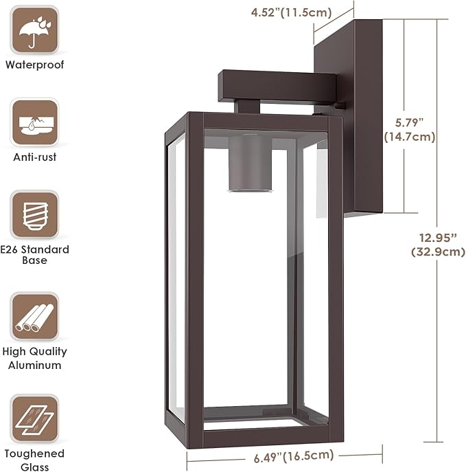 MAXvolador Outdoor Wall Sconce, Exterior Waterproof Wall Lantern Light Fixture, Dark Chocolate Porch Light Glass, Anti-Rust E26 Patio Lighting, 2 Pack