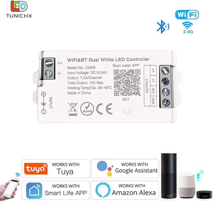 C02W CCT LED Controller Tuya WiFi 2.4G RF 3Pin PWM Dual White Strip Dimmer