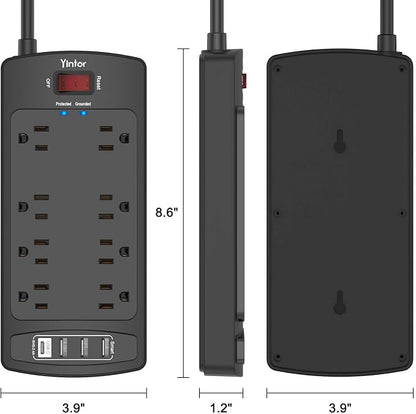 Yintar 6Ft Surge Protector Power Strip with 8 Outlets and 4 USB Ports | 6 Feet Flat Plug Extension Cord with Multiple Outlets for Home, Office, Dorm Essentials, 2700 Joules, ETL, Black