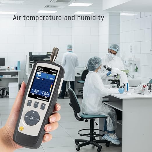 CEM DT-9850M PM2.5/10 Air Particle (0.3,2.5,10μm) with 2.8 inch TFT Color LCD Display Supports Photos and Camera, Temperature, and Humidity, Dust-Free Workshop and Hospital, etc
