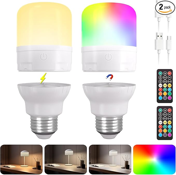Rechargeable Light Bulb 2-Pack, Battery Operated E26 LED Bulb with Magnetic Base, RGB Color Changing + 3 Color Temps, Remote Control & Timer, Emergency & Portable Light for Power Outage Camping