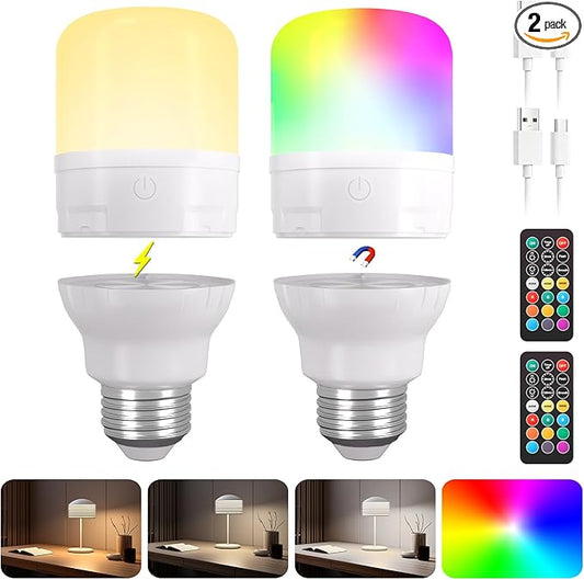 Rechargeable Light Bulb 2-Pack, Battery Operated E26 LED Bulb with Magnetic Base, RGB Color Changing + 3 Color Temps, Remote Control & Timer, Emergency & Portable Light for Power Outage Camping