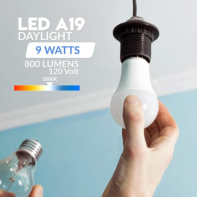 KOR 6 Pack A19 LED Light Bulb, 60W Equivalent, 5000K Bright White, 800 Lumens, Efficient 9 Watt Replacement Bulbs with E26 Standard Base, 15000 Long Life Hours, Non-Dimmable, 80+ CRI, UL Listed