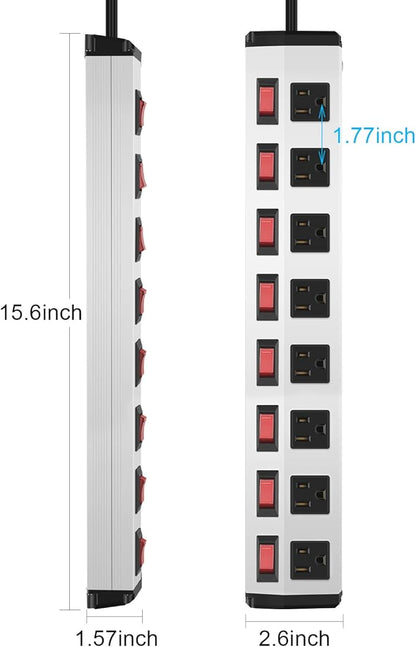 8 Outlet Metal Power Strip with Individual Switches,Heavy Duty Appliance Power Strip with Flat Plug,1200J Surge Protector,6FT Extension Cord 15A 120V 1800W for Home Office School Shop Industrial
