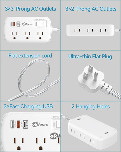 PD 20W USB C Surge Protector Power Strip, Travel Power Strip with 3 USB(1 USB C) Ports and 6 Outlets, Short Extension Cord 1 Ft, PD 20W Fast Charging Station, Wall Mount for iPad Pro iPhone Samsung