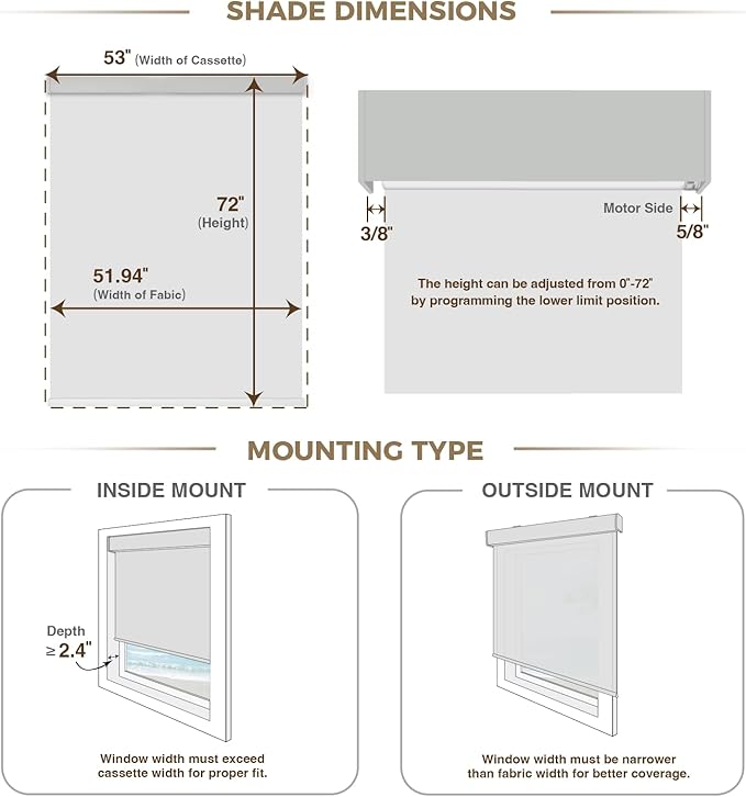 HeyBlinds Blackout Motorized Smart Blinds with Remote, Automatic Electric Shades for Windows (Breeze- Light Grey BO, 53" W x 72" H)