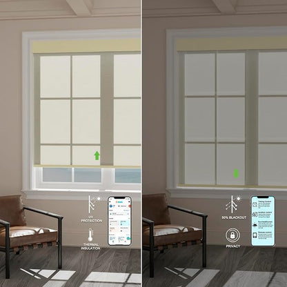 Motorized Blinds with Remote [Light Filtering] Smart Blinds Compatible with Alexa Google HomeKit, 50% Blackout Automatic Roller Shades for Indoor Windows, Customized Size, Mist Chalky White