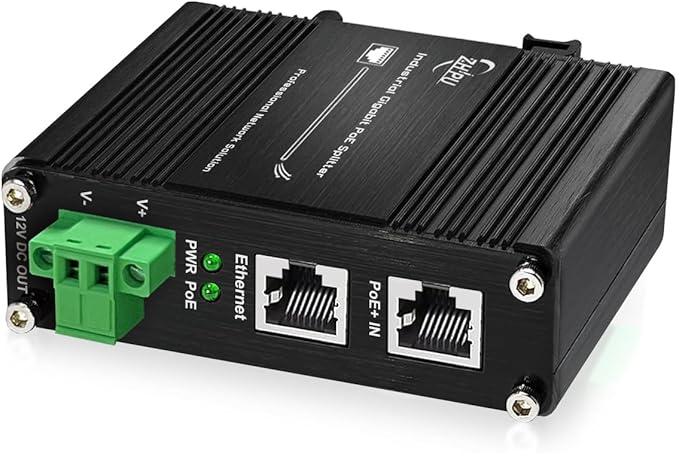 Htfoevrxs Industrial Hardened Gigabit 30W PoE+ Splitter IEEE802.3at/af 12V DC Output DIN- Rail Wall Mount Power Supply for Security Cameras, Access Control Systems