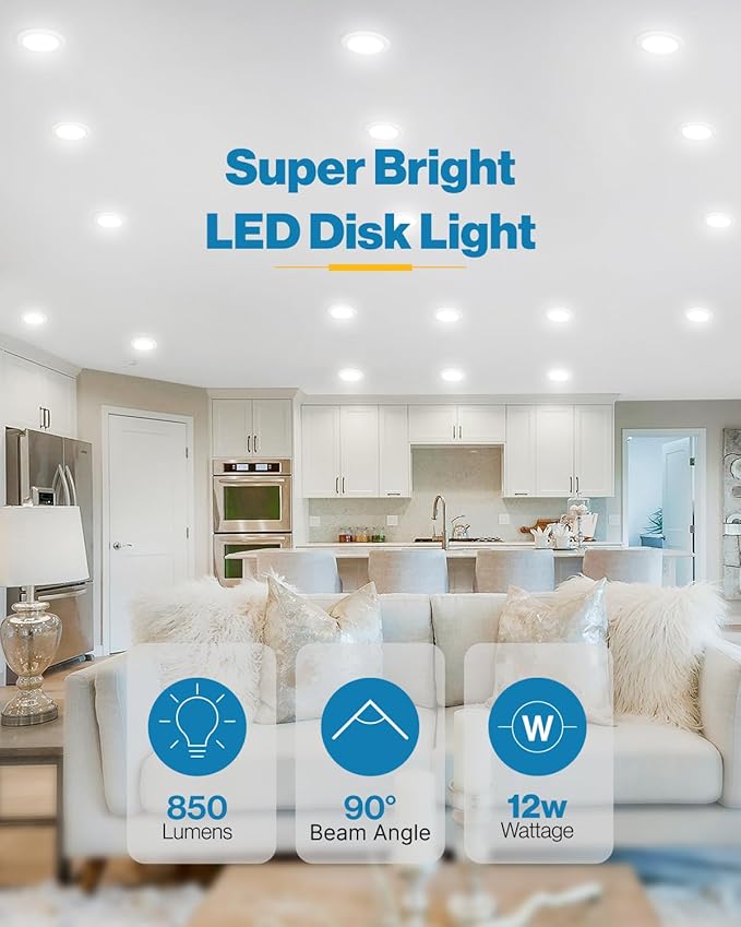 Sunco 24 Pack 6 Inch LED Disk Lights, Flush Mount Ceiling Light Disc, Recessed Can Lighting, 850 LM, 12W (65W Equivalent), Selectable CCT 3000K/4000K/5000K/6000K/6500K, Dimmable, Damp Rated ETL
