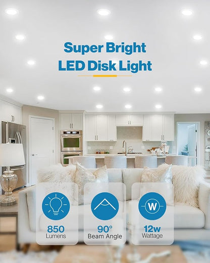 Sunco 24 Pack 6 Inch LED Disk Lights, Flush Mount Ceiling Light Disc, Recessed Can Lighting, 850 LM, 12W (65W Equivalent), Selectable CCT 3000K/4000K/5000K/6000K/6500K, Dimmable, Damp Rated ETL