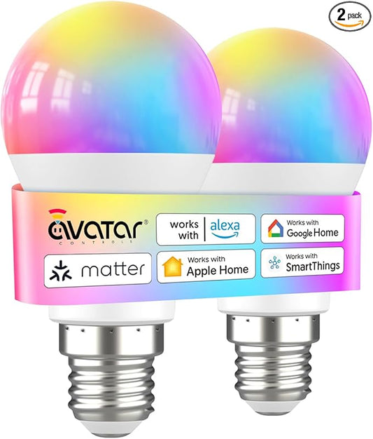 Avatar Controls Matter Smart Light Bulb Compatible with Apple HomeKit/Alexa/Google Home, 9W 2 Pack Color Changing Alexa LED Light Bulbs, Voice/App Controlled Dimmable WiFi Lighting for Room
