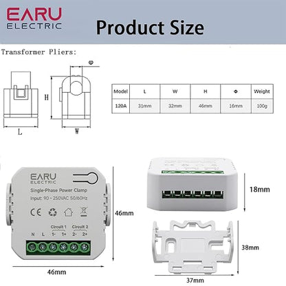 AC110V 220V 120A Tuya App Smart Two-Way Bilateral WiFi Energy Meter with 2PCS 120A 16MM CT Current Transformers Clamps Sensors KWh Power Eenrgy Electricity Consumption Monitor Meter Voltmeter Ammeter