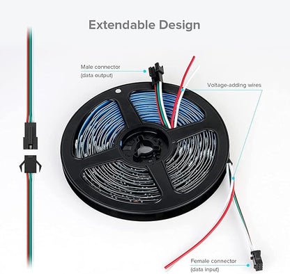 SEZO WS2812B ECO LED Strip Light 16.4FT/5M 30LEDs/m 150Pixels Individually Addressable Programmable 5050SMD Digital RGB Alloy Wires Flexible Dream Color IP30 Non-Waterproof PCB Black DC5V