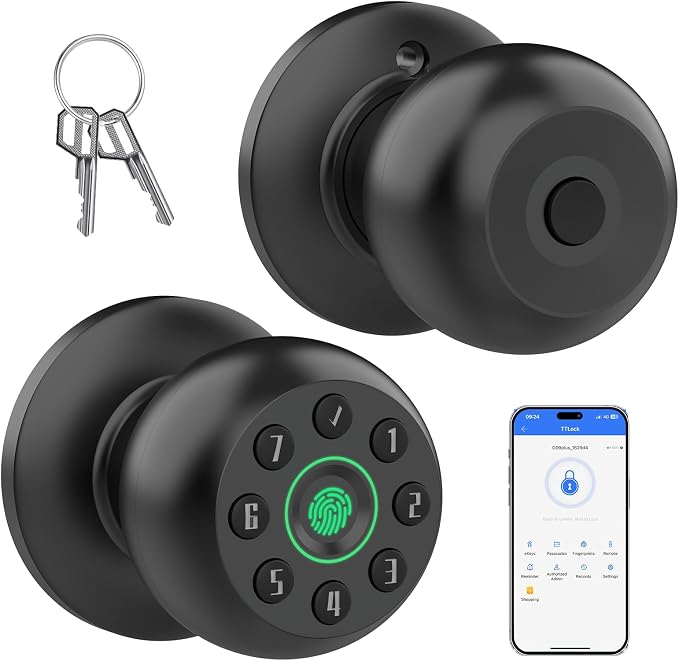 Fingerprint Door Knob, Smart Door Knob, Biometric Door Knob with Code, App Control, Auto Lock, Fingerprint Door Lock,Thumb Print Door Knobs for Bedroom, Office, Apartment