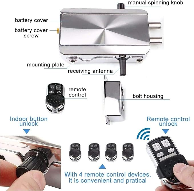 Remote Control Electronic Intelligent Door Lock, Smart Wireless Anti-Theft Home Security Keyless Deadbolt Access Control System with 4 Remote Control